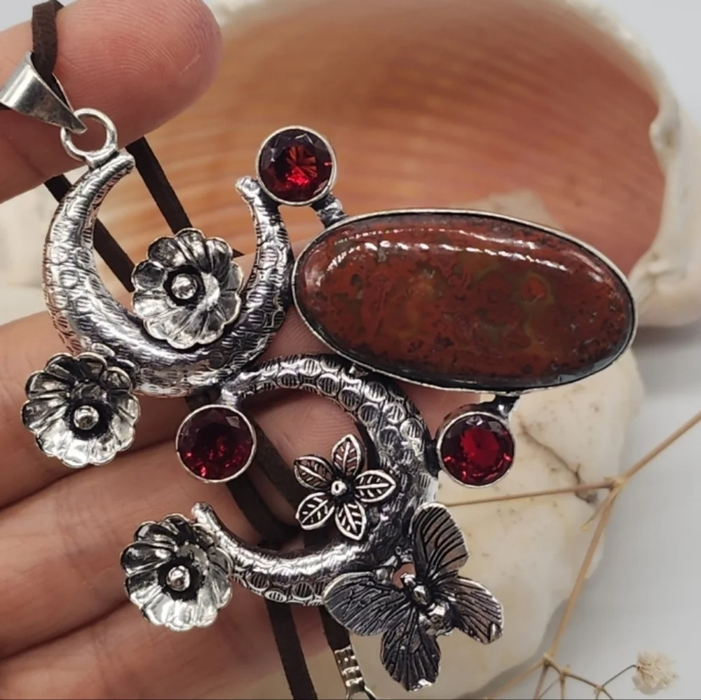 Moon Silver 925 Necklace Pendant Natural Agate Cabochon Stone Leather Necklace